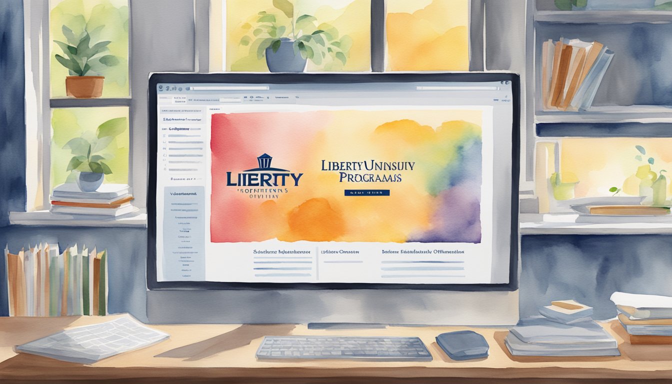 A computer screen displaying Liberty University Online Programs logo with 9 scholarship offers listed