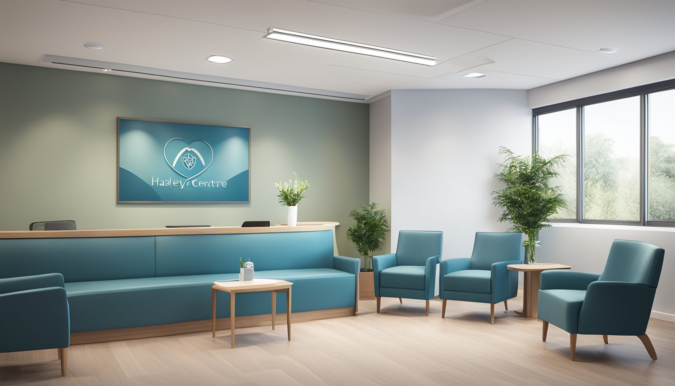 A modern, sleek medical office with the Harley Street Heart & Vascular Centre logo prominently displayed. Clean, professional, and inviting atmosphere
