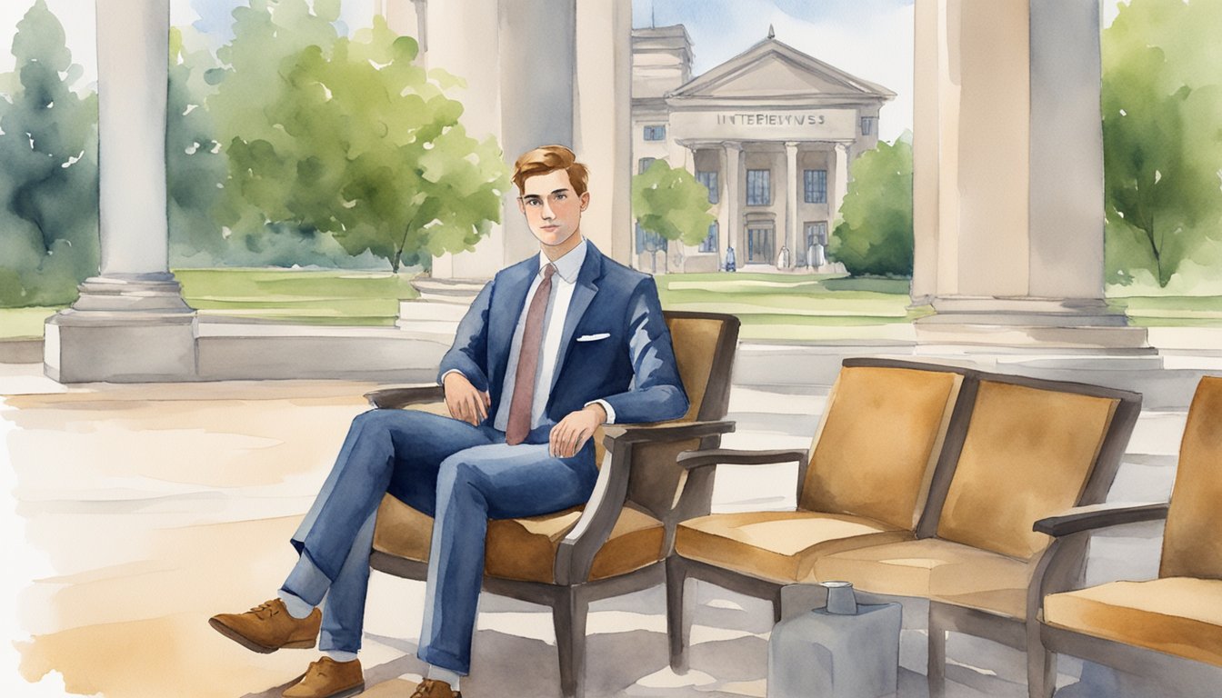 A well-dressed individual sits confidently in a chair, with a professional outfit and a composed demeanor.</p><p>A college campus serves as the backdrop, with a sign indicating "Interviews" in the distance