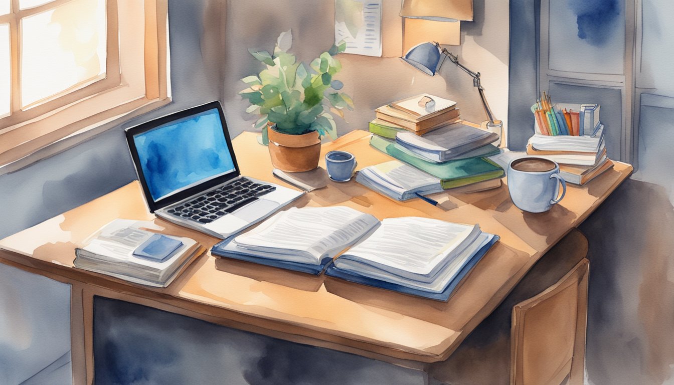 A desk cluttered with textbooks, notebooks, and highlighters.</p><p>A clock on the wall reads 6 AM.</p><p>A steaming cup of coffee sits next to a laptop open to a study guide