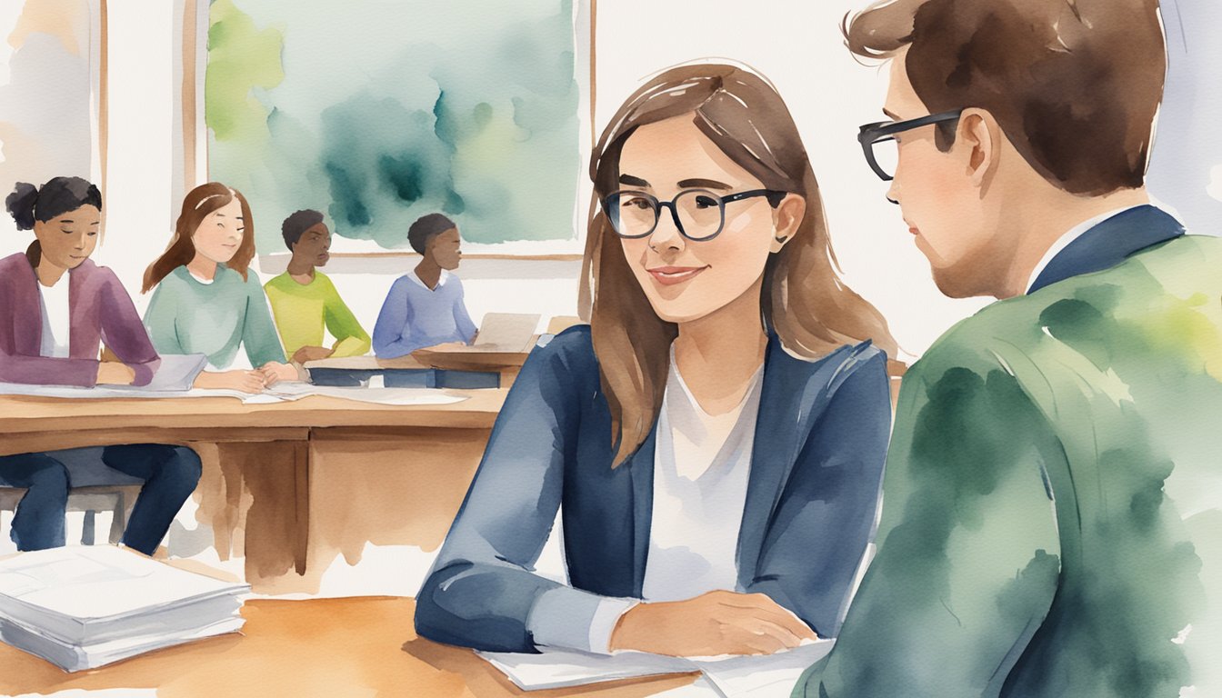 A student confidently speaks to a college admissions officer, showcasing their passion and preparedness.</p><p>A list of 8 strategies for acing college interviews is displayed in the background