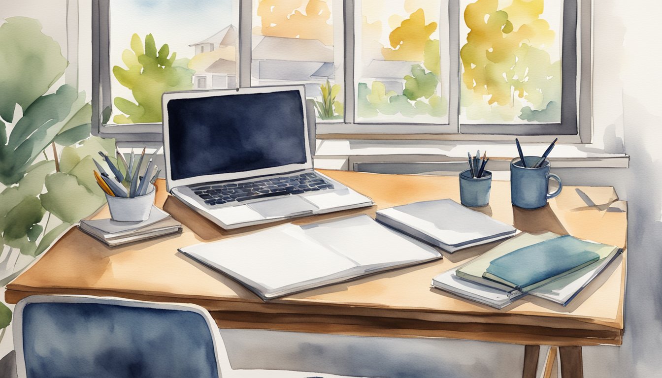 A desk with a notebook, pen, and laptop.</p><p>A poster with "8 Strategies for Acing Your College Interviews" hangs on the wall