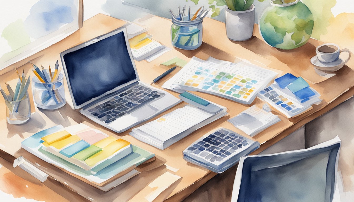 A desk with neatly arranged study materials, a calendar with important dates, and a laptop open to a test prep website