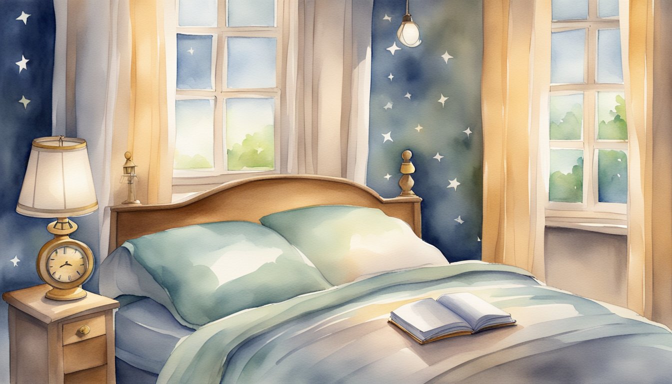 A cozy bed with a book and a lamp, a clock showing a reasonable bedtime, a serene setting with stars outside the window