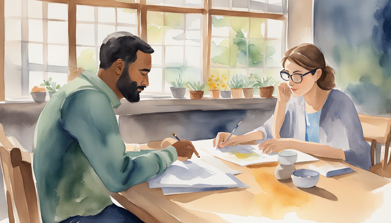 A parent and a teacher sitting at a table, exchanging ideas and working together on a project.</p><p>Both are engaged in conversation, listening attentively to each other's perspectives