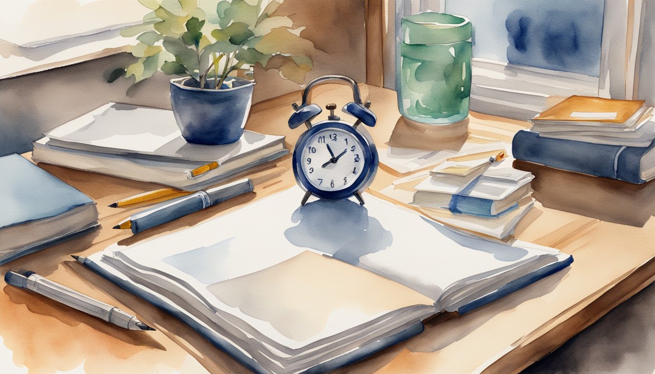 A desk with neatly arranged study materials, a clock showing the time, and a calm, focused atmosphere