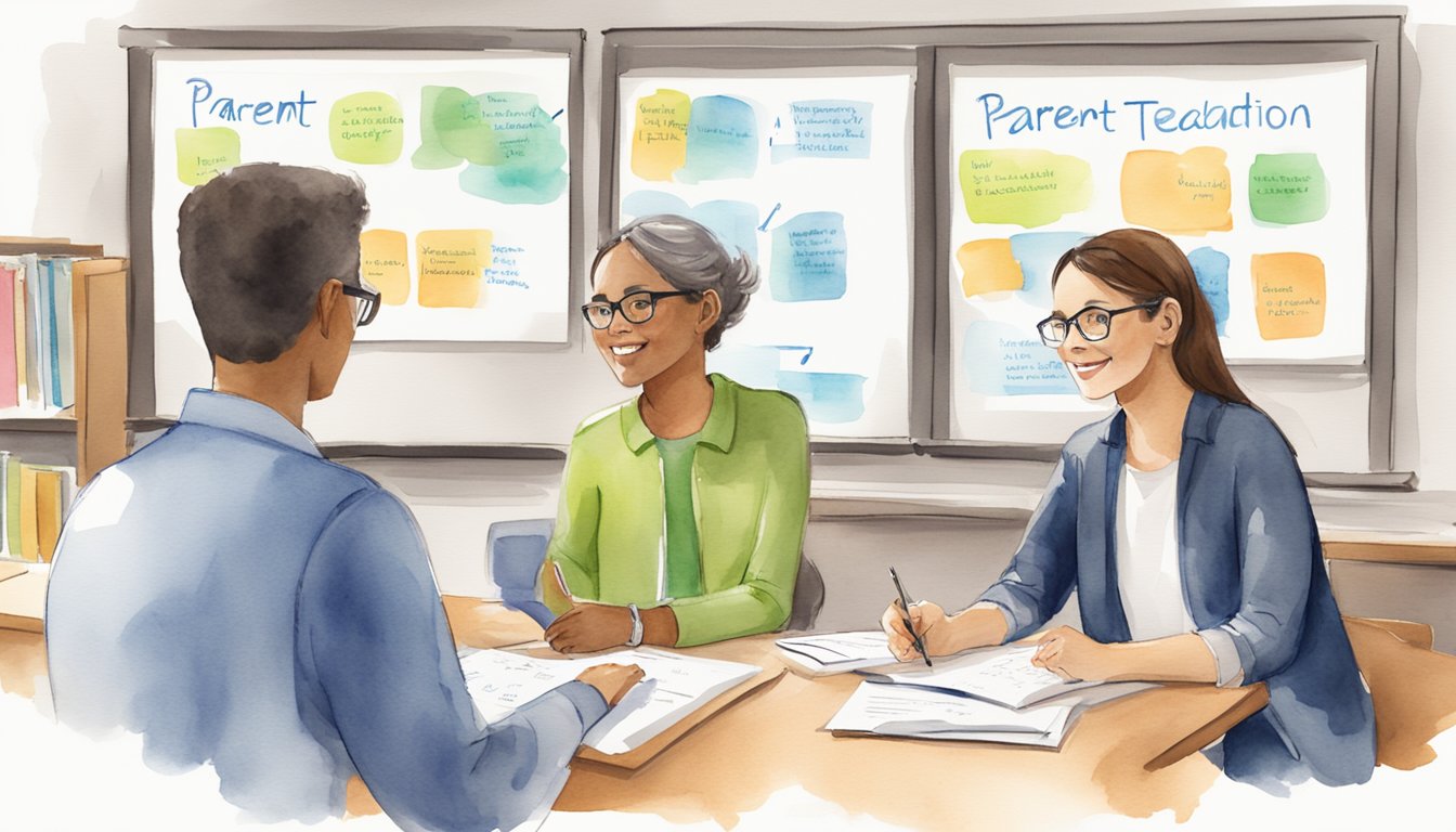 A parent and a teacher sitting at a table, discussing strategies.</p><p>A whiteboard in the background with "8 Strategies for Parent-Teacher Collaboration" written on it