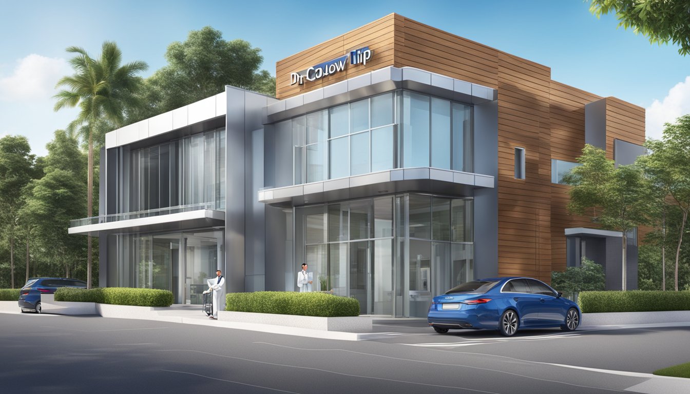 A modern and sleek cardiology clinic with the name "Dr Low Lip Ping - Low Cardiology Clinic | SG Cardiologist" displayed prominently on the front facade