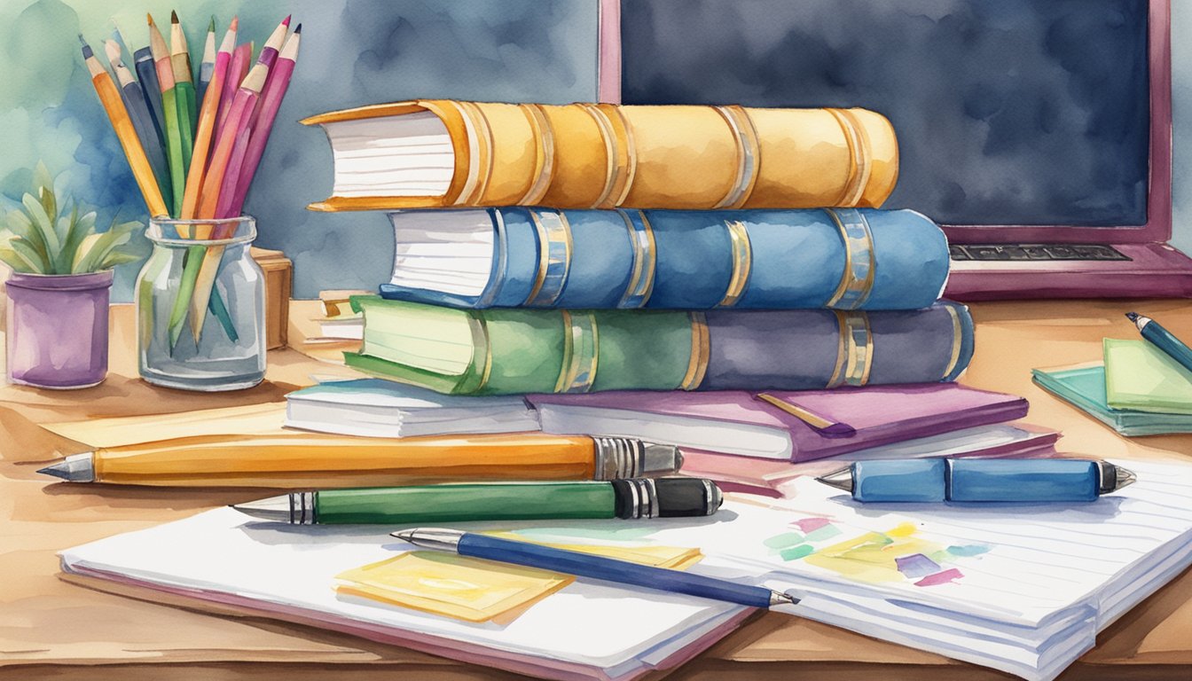 A stack of achievement badges and a diploma on a desk, surrounded by strategic writing tools like pens, notebooks, and a laptop