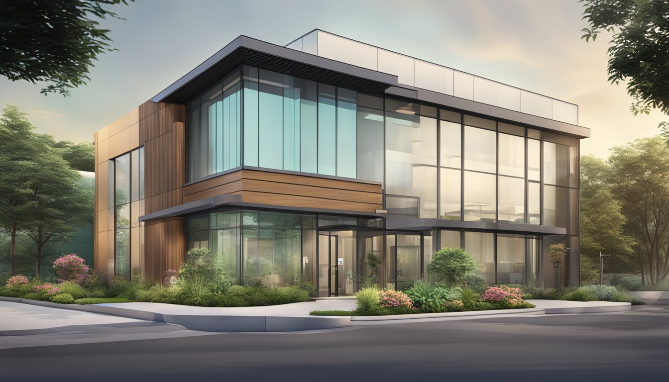 Dr. Low Lip Ping's clinic exterior: modern glass building, logo on entrance, lush landscaping, clear signage