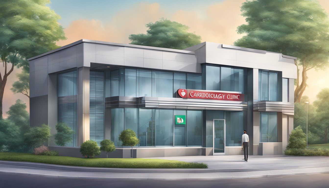 A modern clinic with the name "Low Cardiology Clinic" displayed prominently. A sign with "Dr Low Lip Ping - SG Cardiologist" is visible