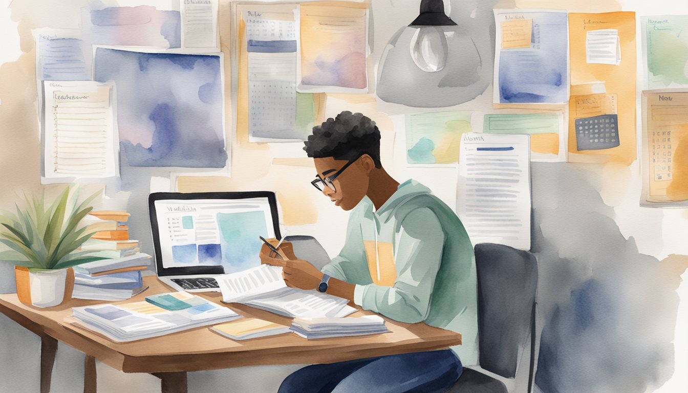 A student sits at a desk surrounded by college brochures and a laptop, with a calendar and checklist on the wall.</p><p>They are reading through a list of "9 Tips for Navigating the College Admissions Process" while taking notes