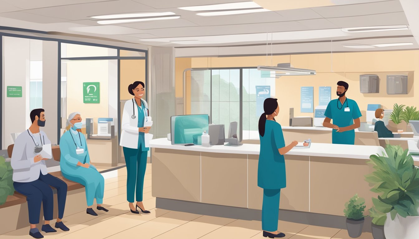 A bustling clinic reception with patients waiting, staff assisting, and a prominent sign displaying "Frequently Asked Questions Dr Low Lip Ping - Low Cardiology Clinic | SG Cardiologist."