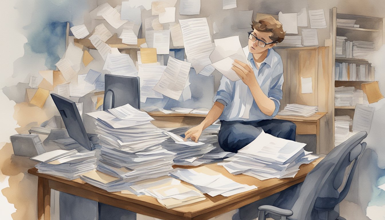 A pile of scattered papers with missing information, an empty pen, and a frustrated student staring at a computer screen