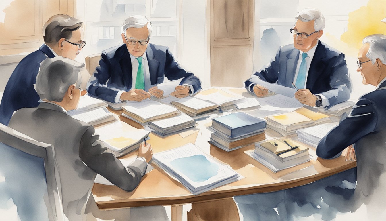 Influential legal figures gather around a table, discussing strategies for writing winning personal statements for law school.</p><p>Books and papers cover the surface, while pens and highlighters are scattered about