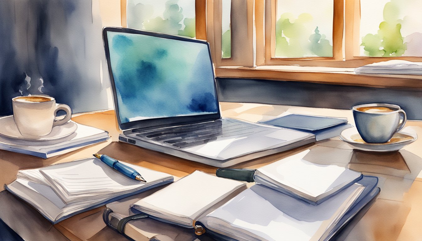 A desk with a laptop, books, and legal documents.</p><p>A pen and notebook for brainstorming.</p><p>A cup of coffee for focus.</p><p>Bright, natural lighting for a productive atmosphere