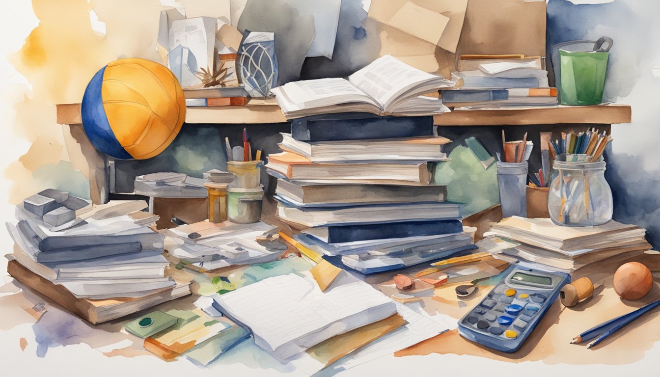 A cluttered desk with scattered sports equipment, musical instruments, art supplies, and academic textbooks.</p><p>Papers and schedules are strewn about, showing a chaotic mix of extracurricular activities