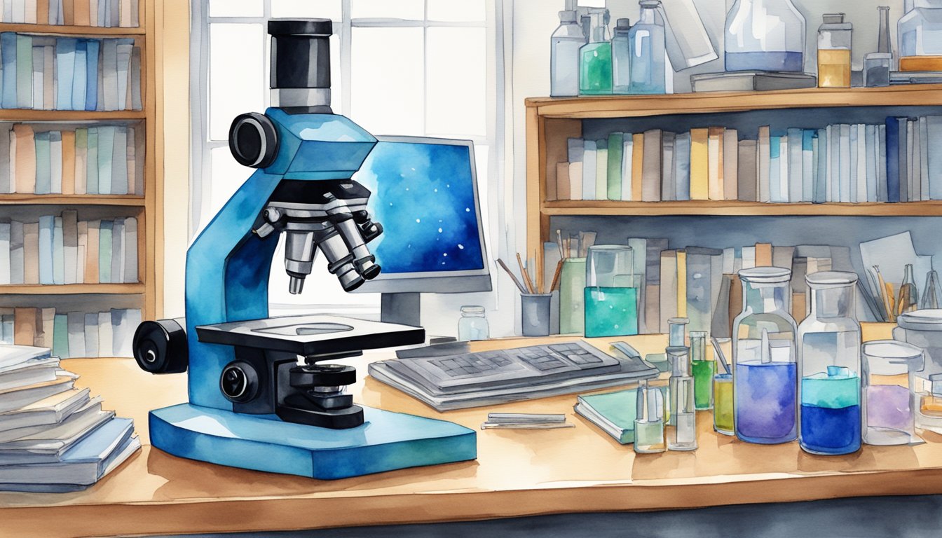 A microscope sits on a lab bench, surrounded by textbooks and beakers.</p><p>A laptop displays the Johns Hopkins University logo