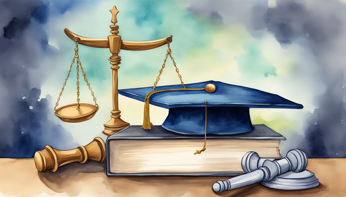 A graduation cap resting on a stack of law books, with a gavel and scales of justice in the background, symbolizing the importance of considering employment outcomes when choosing a law school