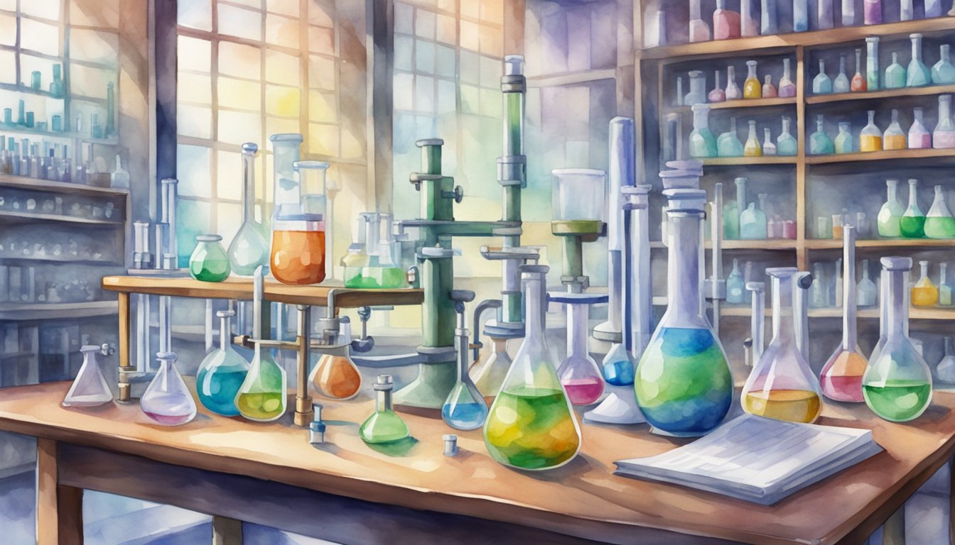 A chemistry lab with beakers, test tubes, and a Bunsen burner set up on a lab bench, with a periodic table and molecular models in the background