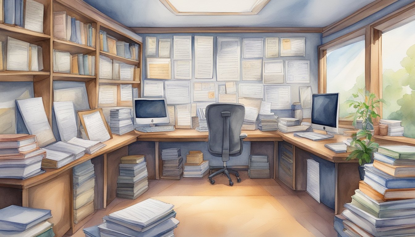 A wall covered in framed diplomas, certificates, and awards.</p><p>A desk cluttered with books and papers.</p><p>A shelf filled with business-related books and journals.</p><p>A computer and a whiteboard with business concepts and formulas