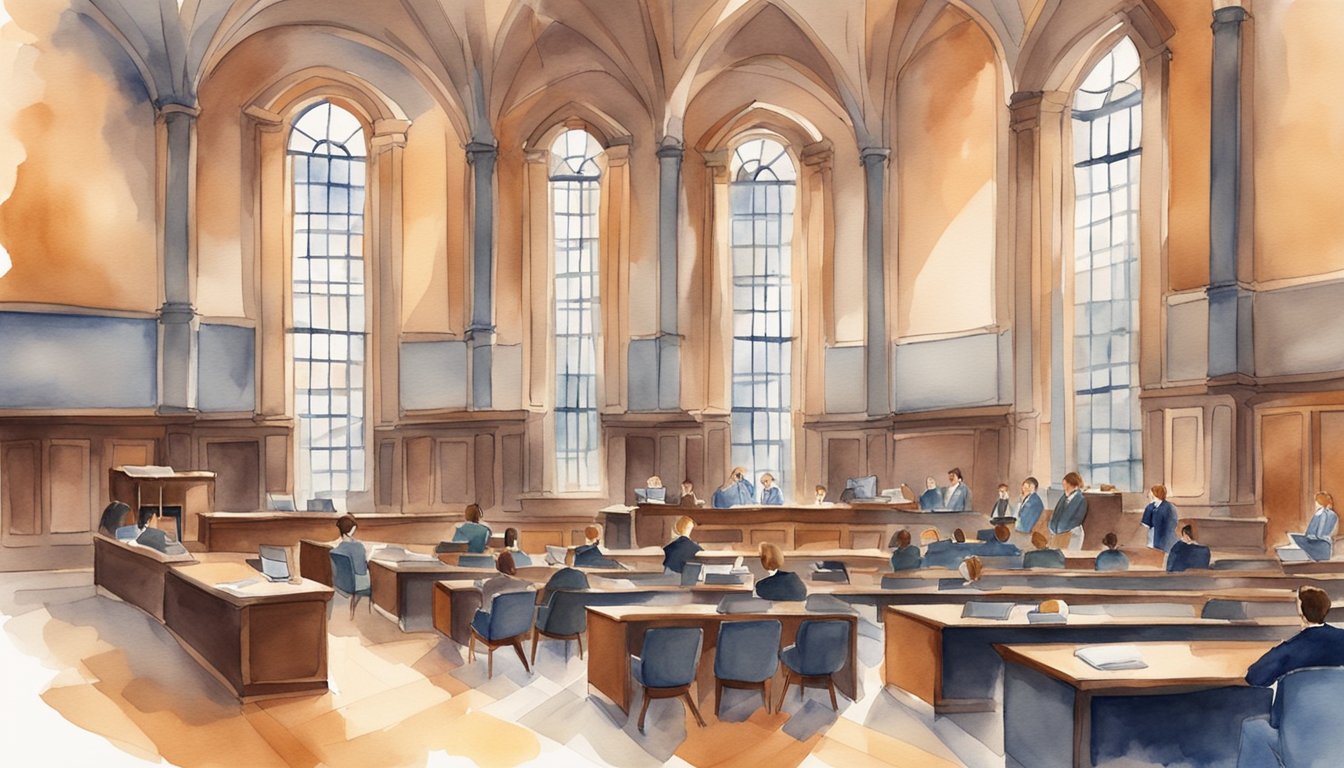 A law school building with a prominent accreditation seal displayed.</p><p>Students studying in a library.</p><p>Professors leading engaging lectures.</p><p>Mock trial competitions in a courtroom setting