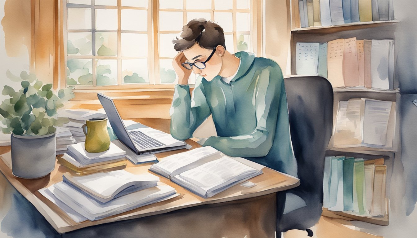 A desk cluttered with textbooks, a laptop, and study notes.</p><p>A calendar with deadlines and a clock ticking.</p><p>A stressed expression on a faceless figure