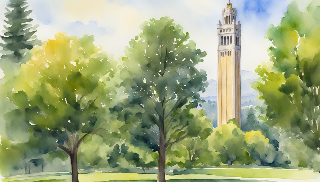 The iconic Sather Tower stands tall against a backdrop of lush greenery, with the grandeur of the University of California, Berkeley campus stretching out below