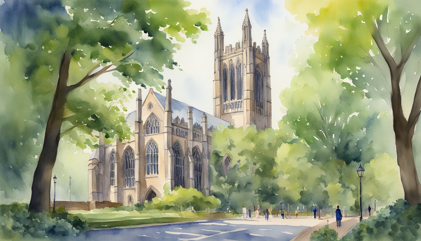 The iconic gothic architecture of Yale University stands tall, surrounded by vibrant greenery and bustling with scholarly activity