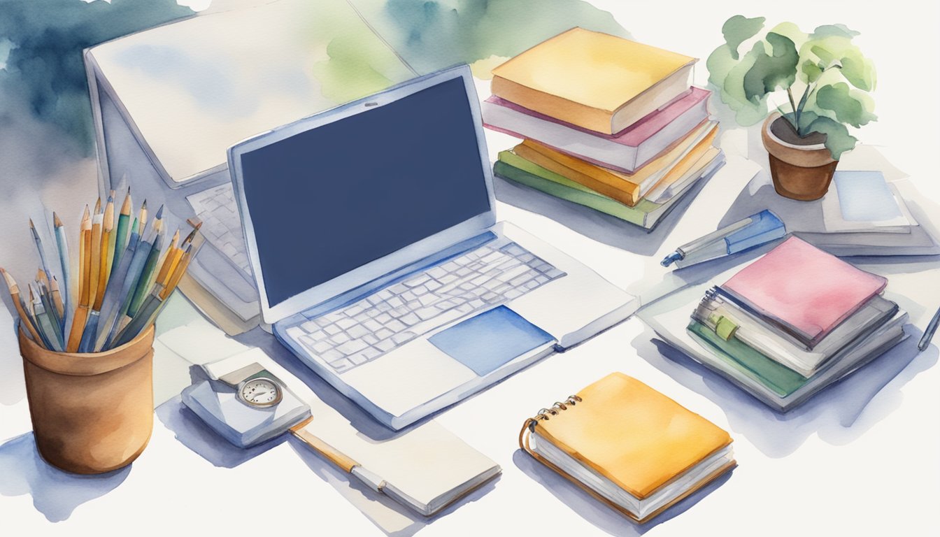 A student's desk with a laptop, textbooks, and a planner.</p><p>A scale with "workload" on one side and "interests" on the other.</p><p>A checklist of college courses