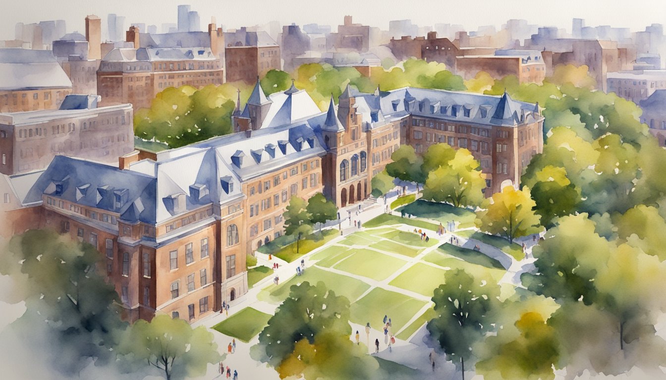 A bustling campus at University of Pennsylvania, with iconic buildings and students engaged in online courses