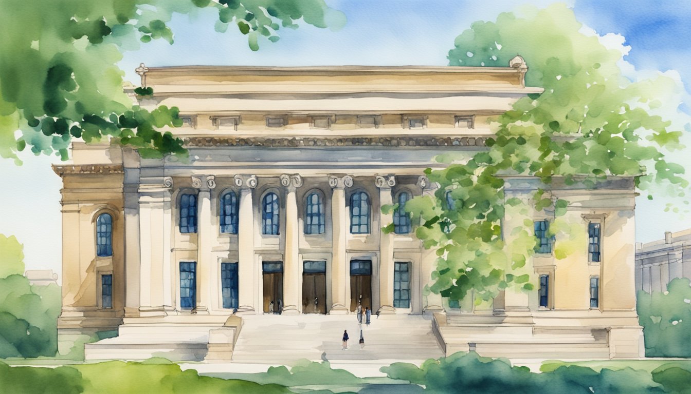 The iconic Low Memorial Library at Columbia University stands tall against a clear blue sky, surrounded by lush greenery