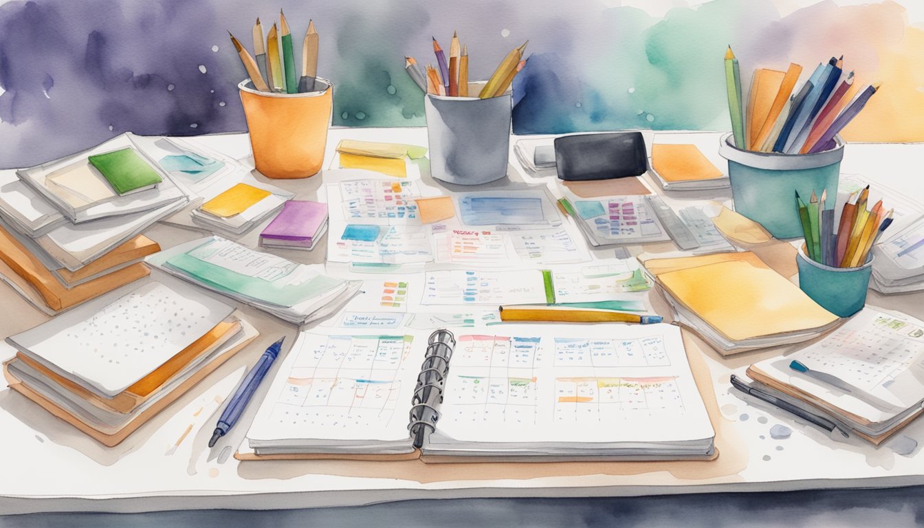 A cluttered desk with scattered papers, books, and pens.</p><p>A calendar with important dates circled.</p><p>A neatly organized planner and color-coded folders.</p><p>A whiteboard with a to-do list and motivational quotes