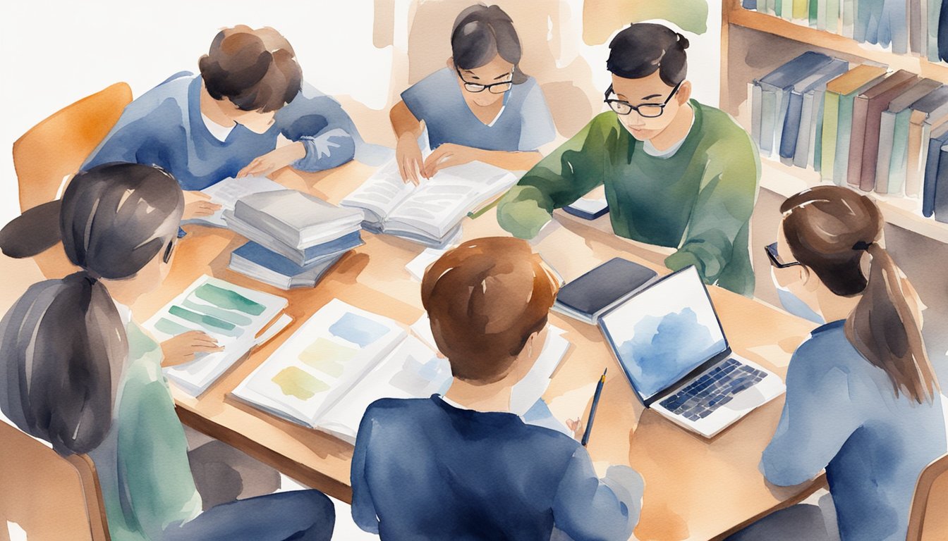 A group of students sitting around a table, studying together.</p><p>Books, laptops, and notebooks are scattered across the table.</p><p>One student is explaining a concept to the others while they listen intently