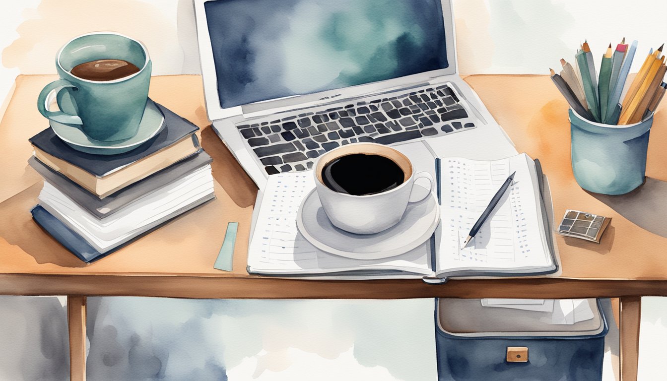 A desk with a calendar, clock, and planner.</p><p>Papers organized neatly, with a laptop open and a cup of coffee nearby.</p><p>Books on time management and business school success are stacked on the side