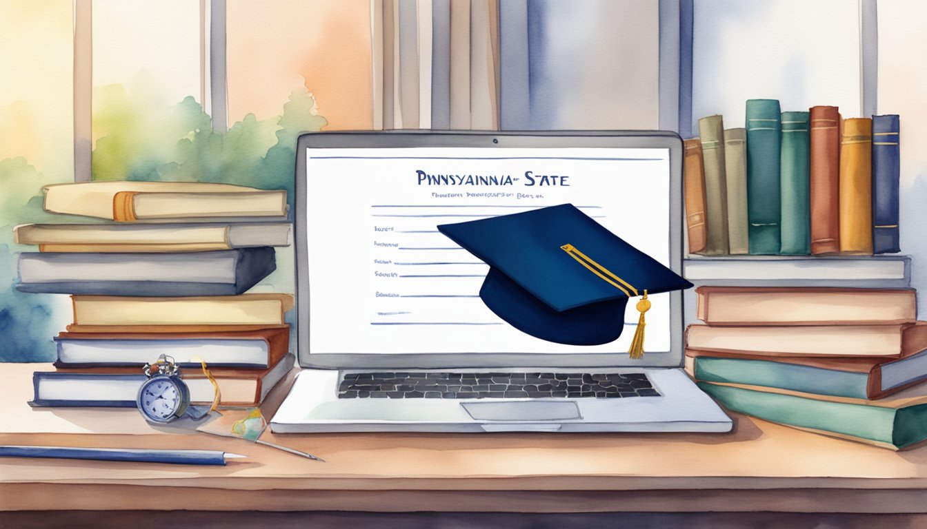 A diploma from Pennsylvania State University displayed with a laptop and business-related books on a desk