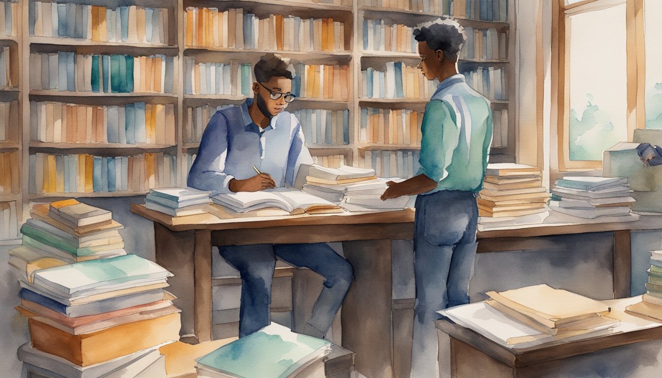 A student sits at a desk, surrounded by books and papers.</p><p>A mentor stands nearby, offering guidance and support.</p><p>The student listens attentively, eager to absorb knowledge and advice