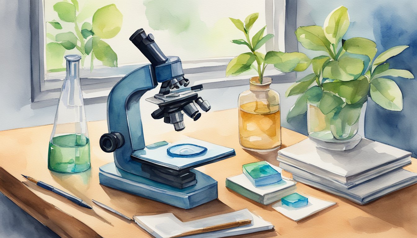 A microscope sits on a wooden desk next to a stack of textbooks and a set of lab tools.</p><p>A plant specimen is mounted on a glass slide, ready for observation