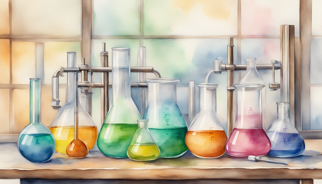 A table with chemistry tools: beakers, test tubes, Bunsen burner, and a periodic table poster on the wall