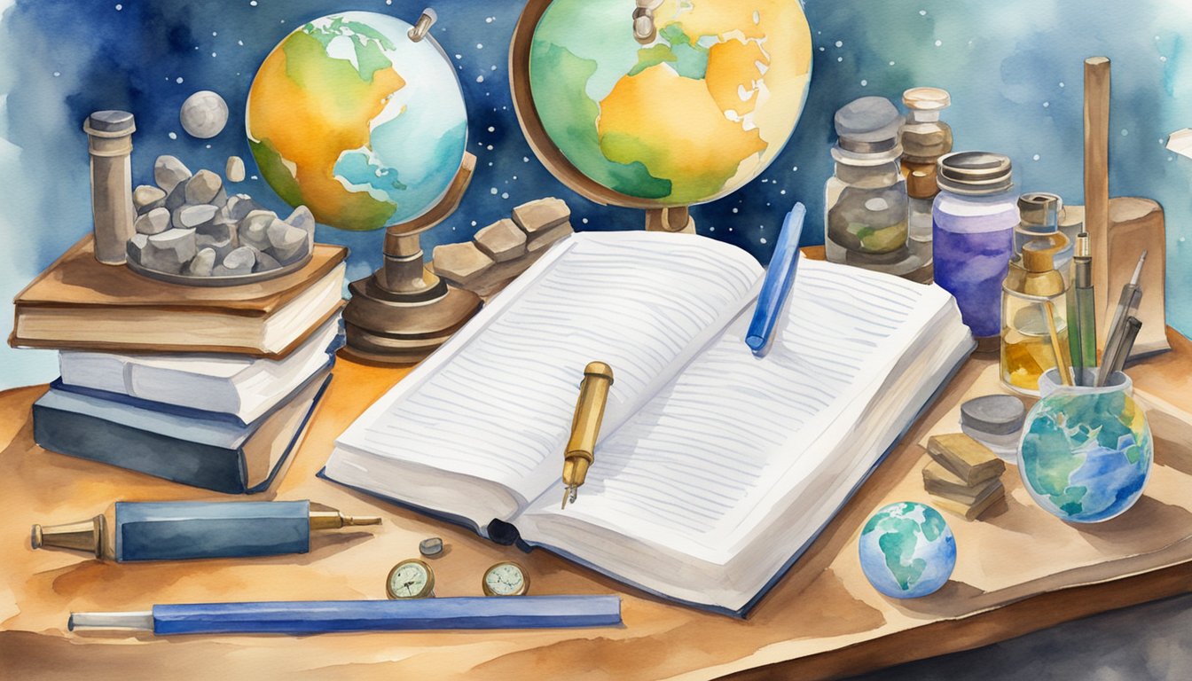 A table with Earth science tools, including a microscope, rock samples, a globe, and a compass.</p><p>Books on homeschooling and high school science in the background