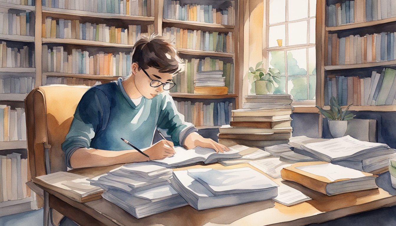 A student sits at a desk, surrounded by books and notes.</p><p>They are deep in thought, pen in hand, as they craft their personal narrative for a college application essay