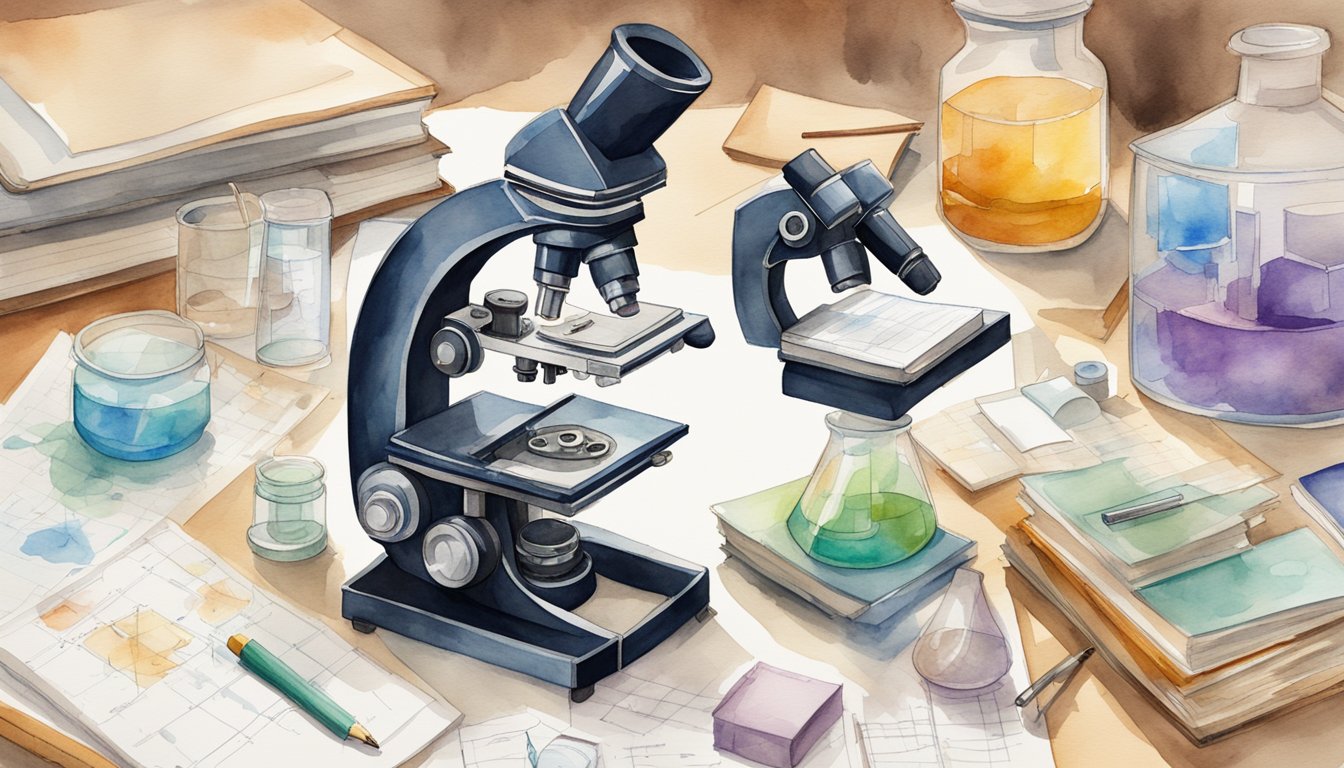 A microscope sits on a cluttered desk surrounded by textbooks, test tubes, and a notebook filled with detailed diagrams and notes