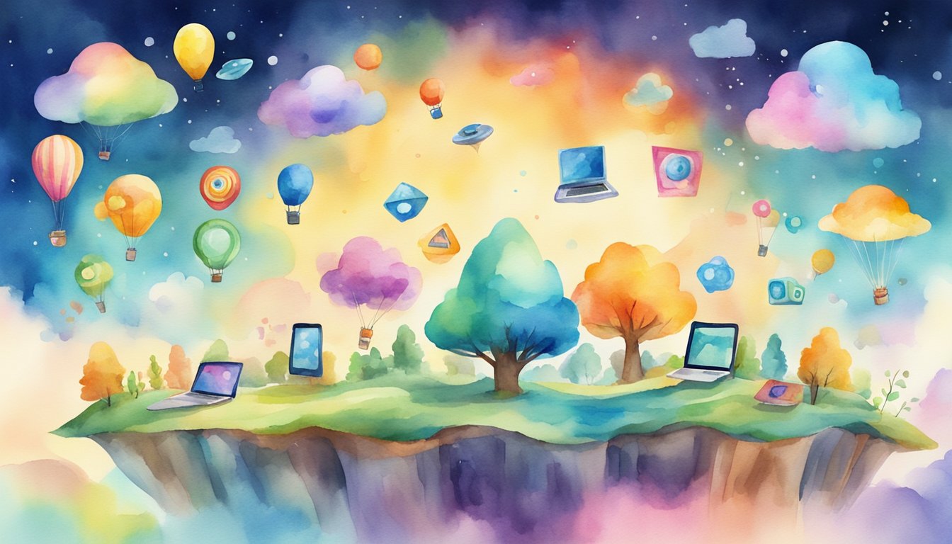 Colorful digital playground with 8 educational apps floating in the sky.</p><p>Each app is represented by a playful and friendly character