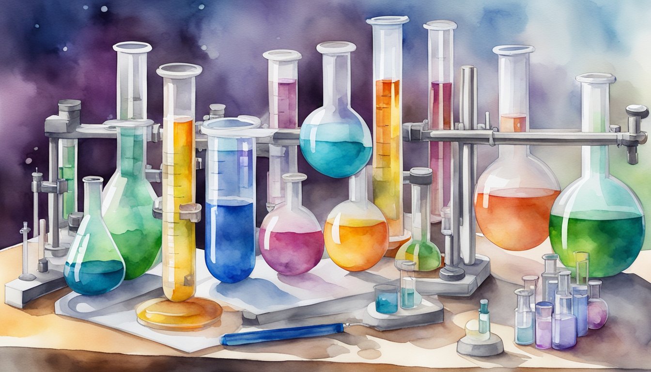 A colorful chemistry lab set up with beakers, test tubes, and a variety of chemical compounds on a table, surrounded by safety equipment and scientific instruments