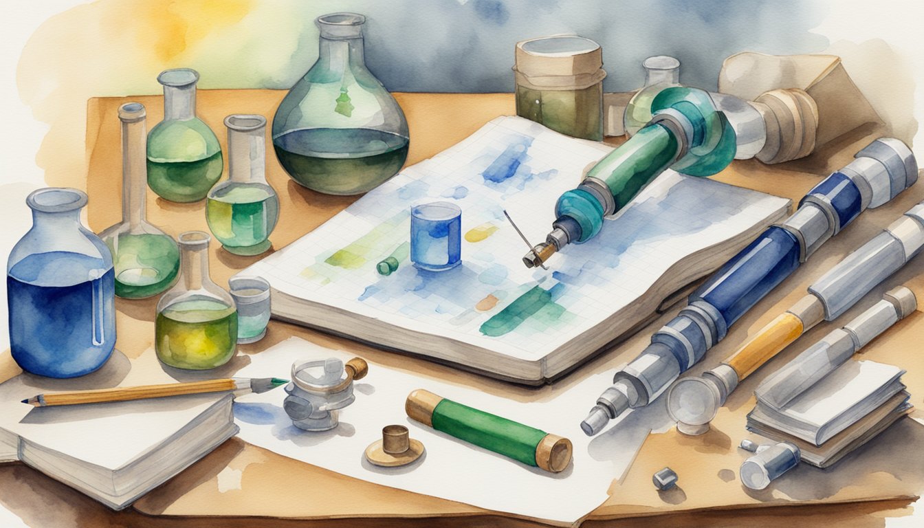 A table with a microscope, beakers, test tubes, and various scientific tools.</p><p>A book titled "Saxon Physics 8" lies open next to a notebook and pencil