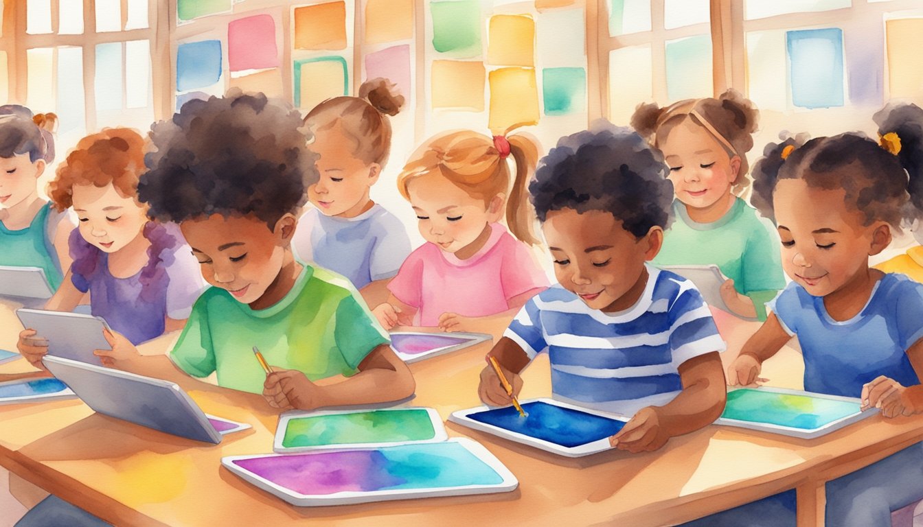 Preschoolers using educational apps on tablets in a colorful, interactive classroom setting