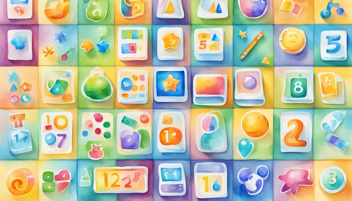 Colorful icons of educational apps displayed on a tablet screen with numbers, letters, animals, and shapes.</p><p>Bright background with playful, child-friendly design elements