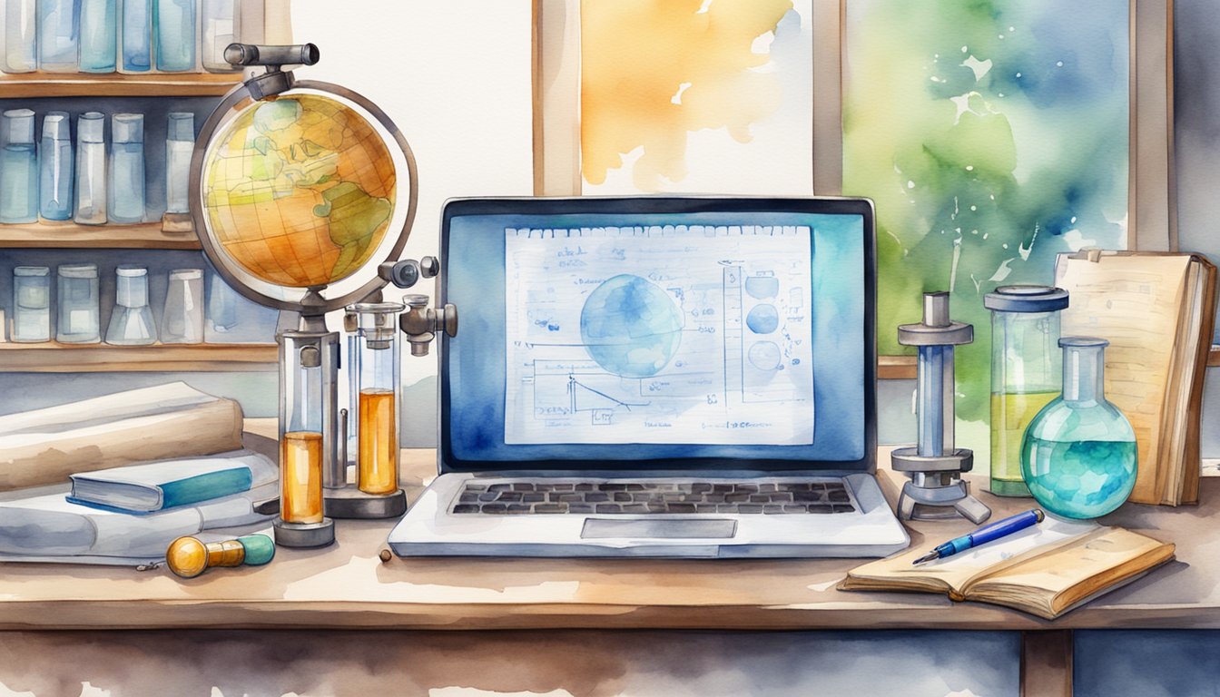 A table with a laptop, microscope, test tubes, and a textbook.</p><p>A whiteboard with scientific formulas.</p><p>A globe and a telescope