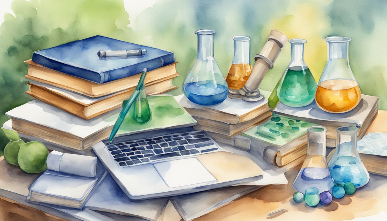 A table with science tools: beakers, test tubes, microscope, and scales.</p><p>Books on biology, chemistry, and physics.</p><p>A laptop with internet access