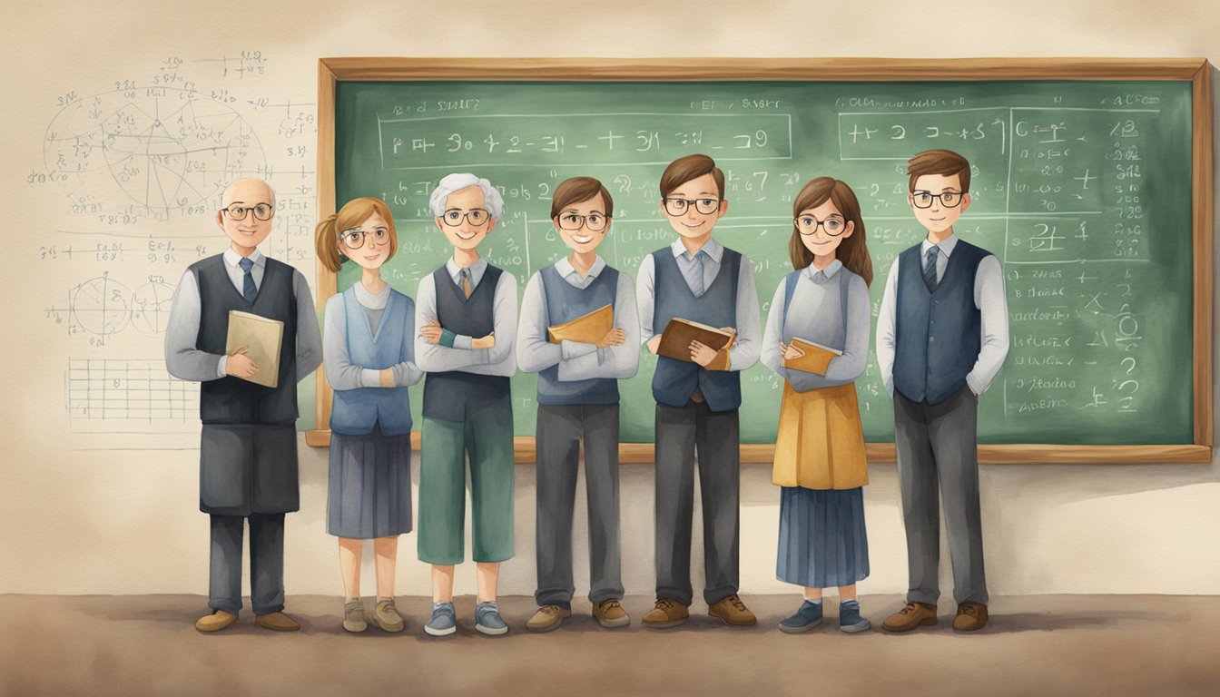 A group of eight top private tutors for math, each holding a different math-related prop or tool, standing in front of a chalkboard filled with complex equations and diagrams